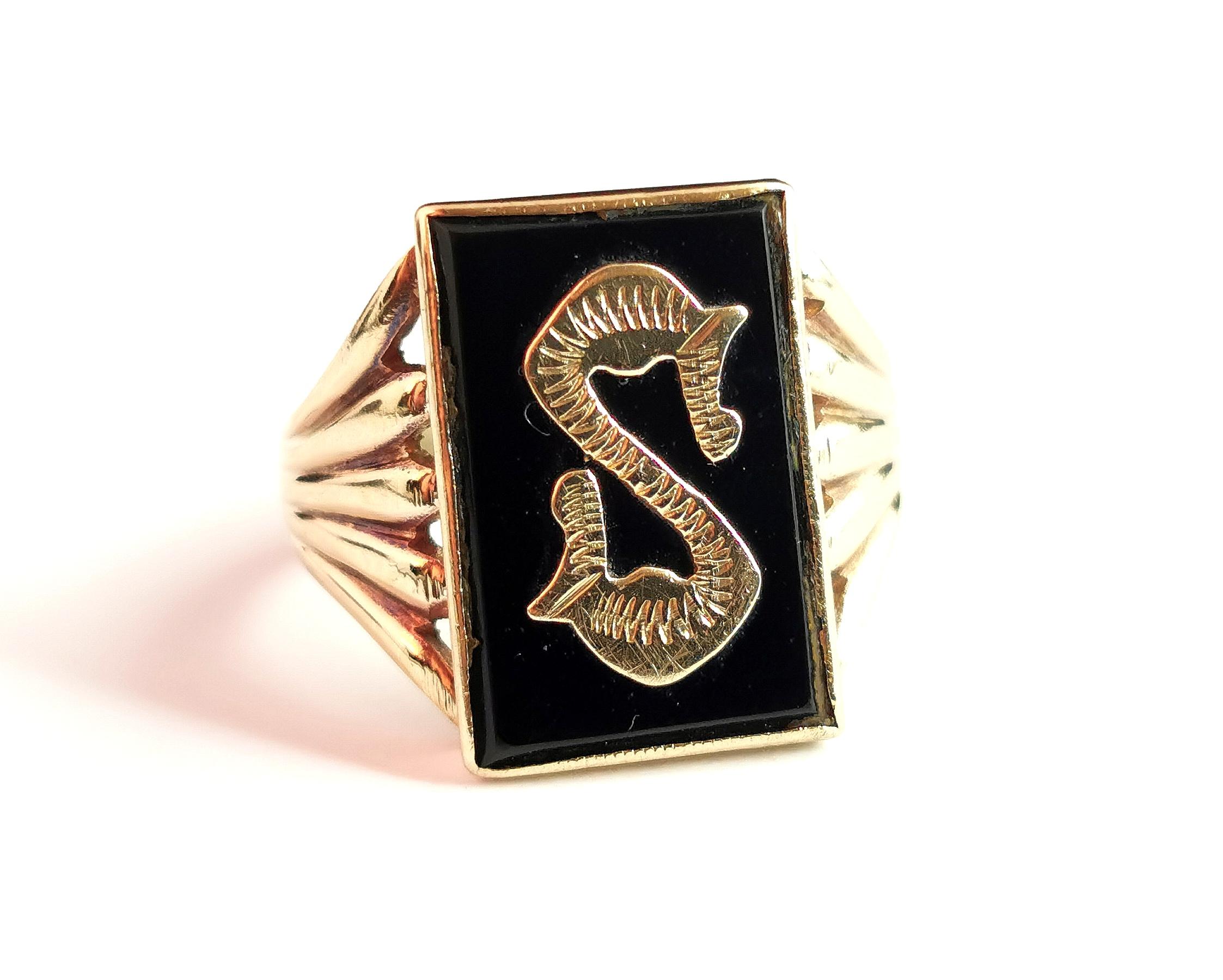 Art-Déco- Trauerring, S-Initial, 9k Gelbgold und Onyx 7