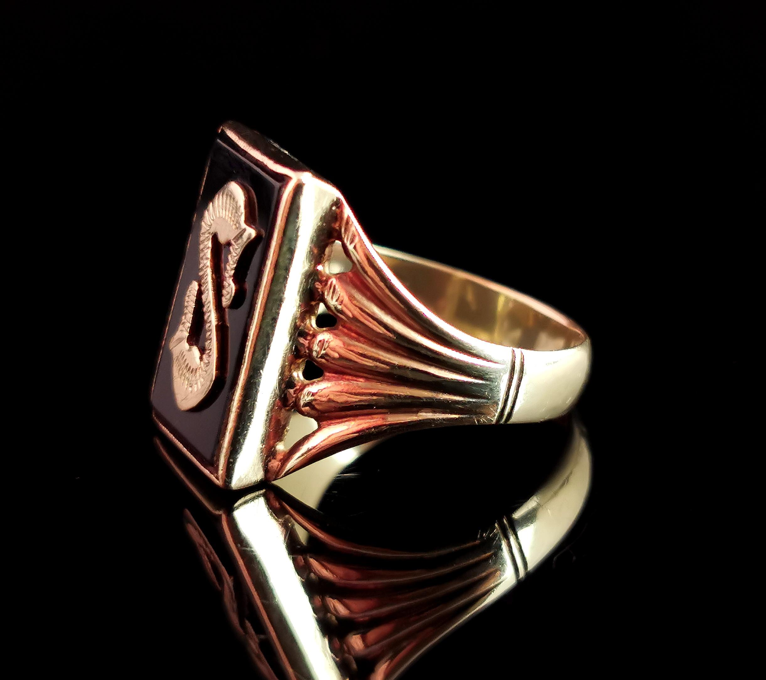 Art-Déco- Trauerring, S-Initial, 9k Gelbgold und Onyx 2