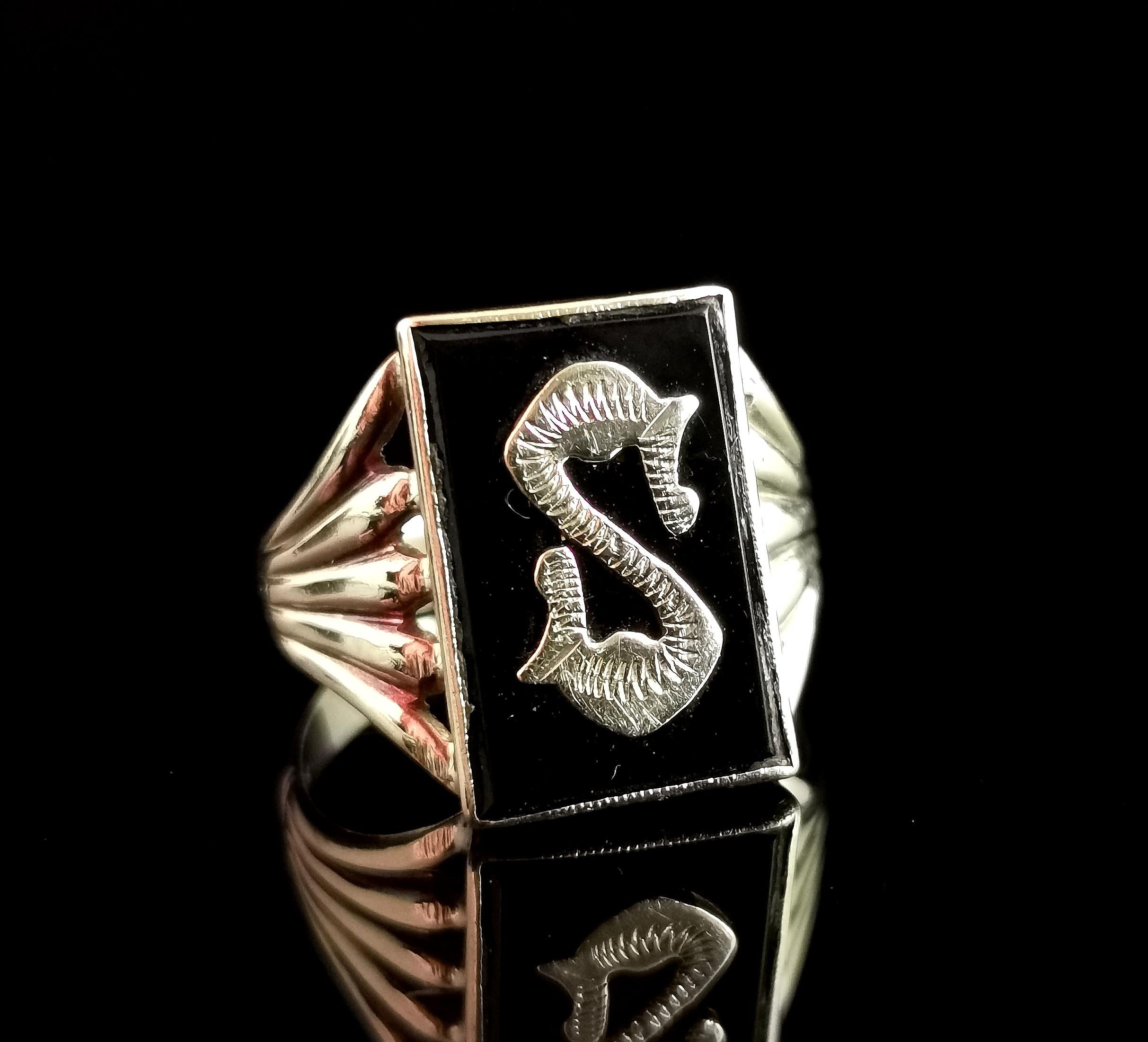 Art-Déco- Trauerring, S-Initial, 9k Gelbgold und Onyx 3
