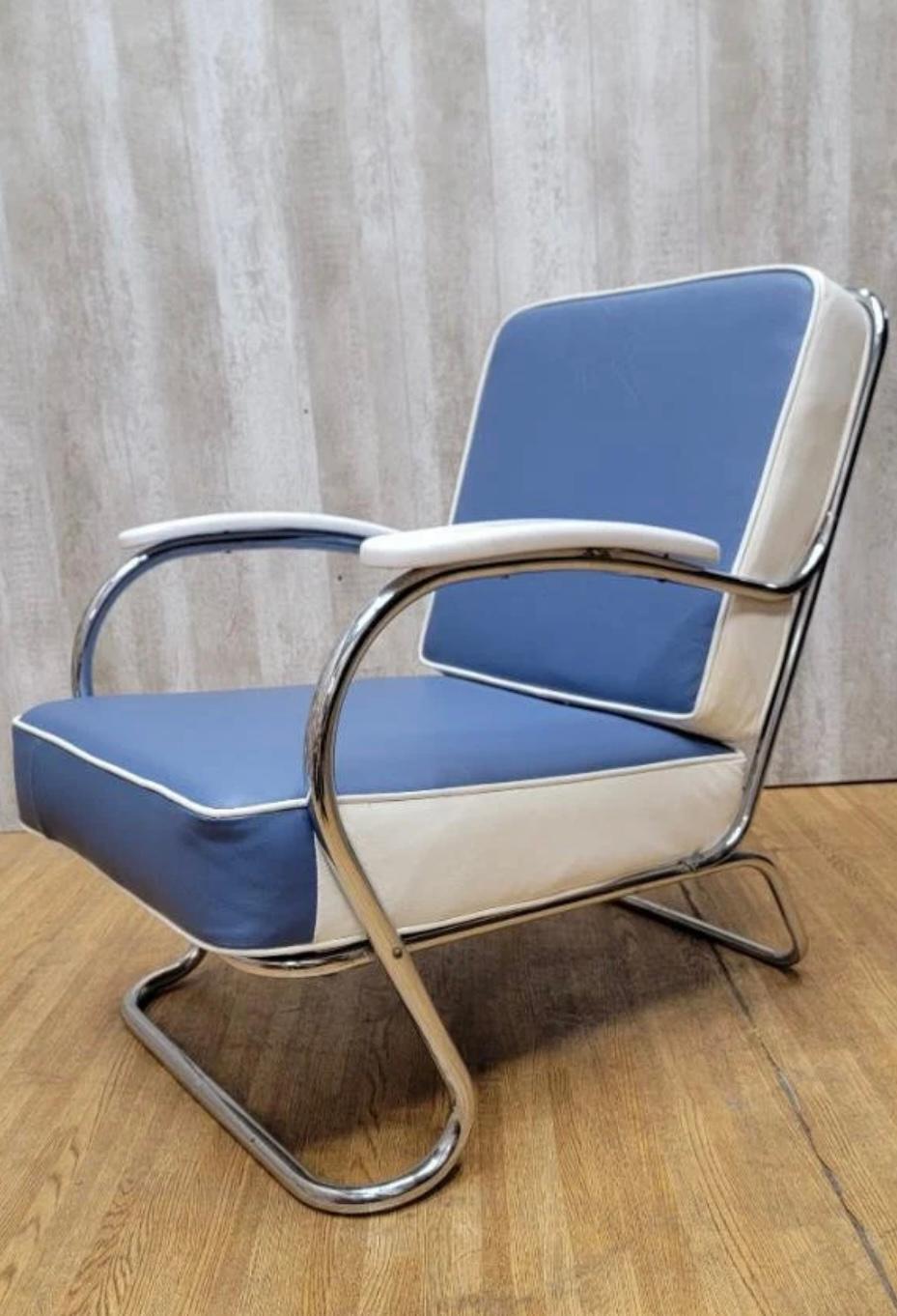 American Art Deco Mucke-Melder Tubular Steel Lounge Chair Newly Upholstered in Leather For Sale