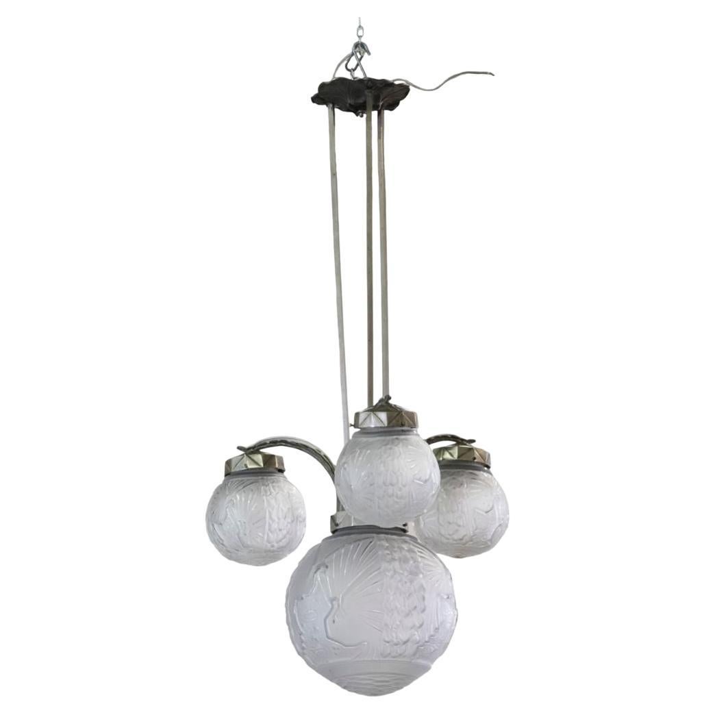 Art Deco Muller Freres in Silver Metal and Engraved Opaline Glass Chandelier For Sale