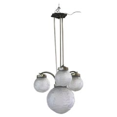 Art Deco Muller Freres in Silver Metal and Engraved Opaline Glass Chandelier