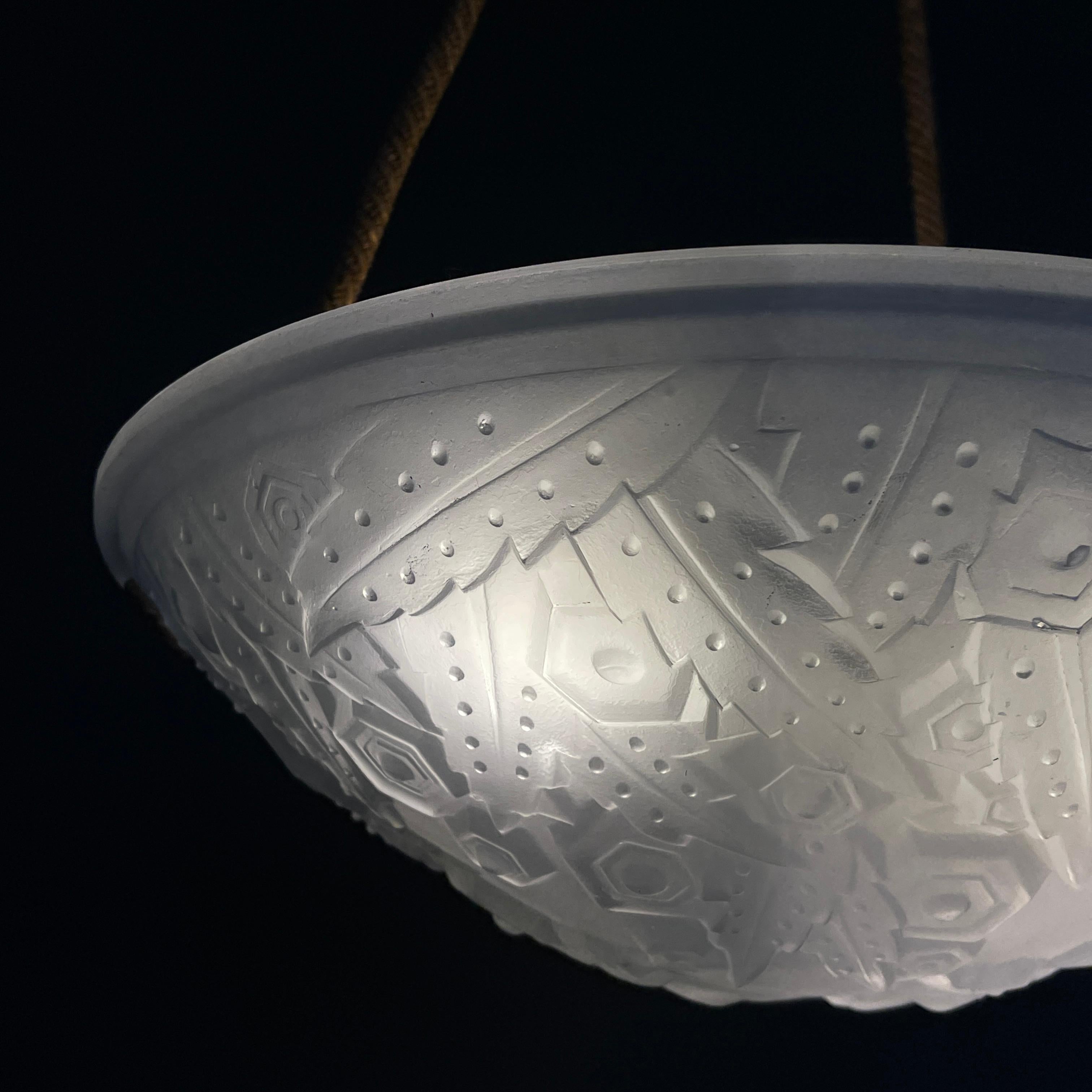 Brass Art Deco Muller Fréres Lunéville ceiling lamp glass bowl, 1930s For Sale