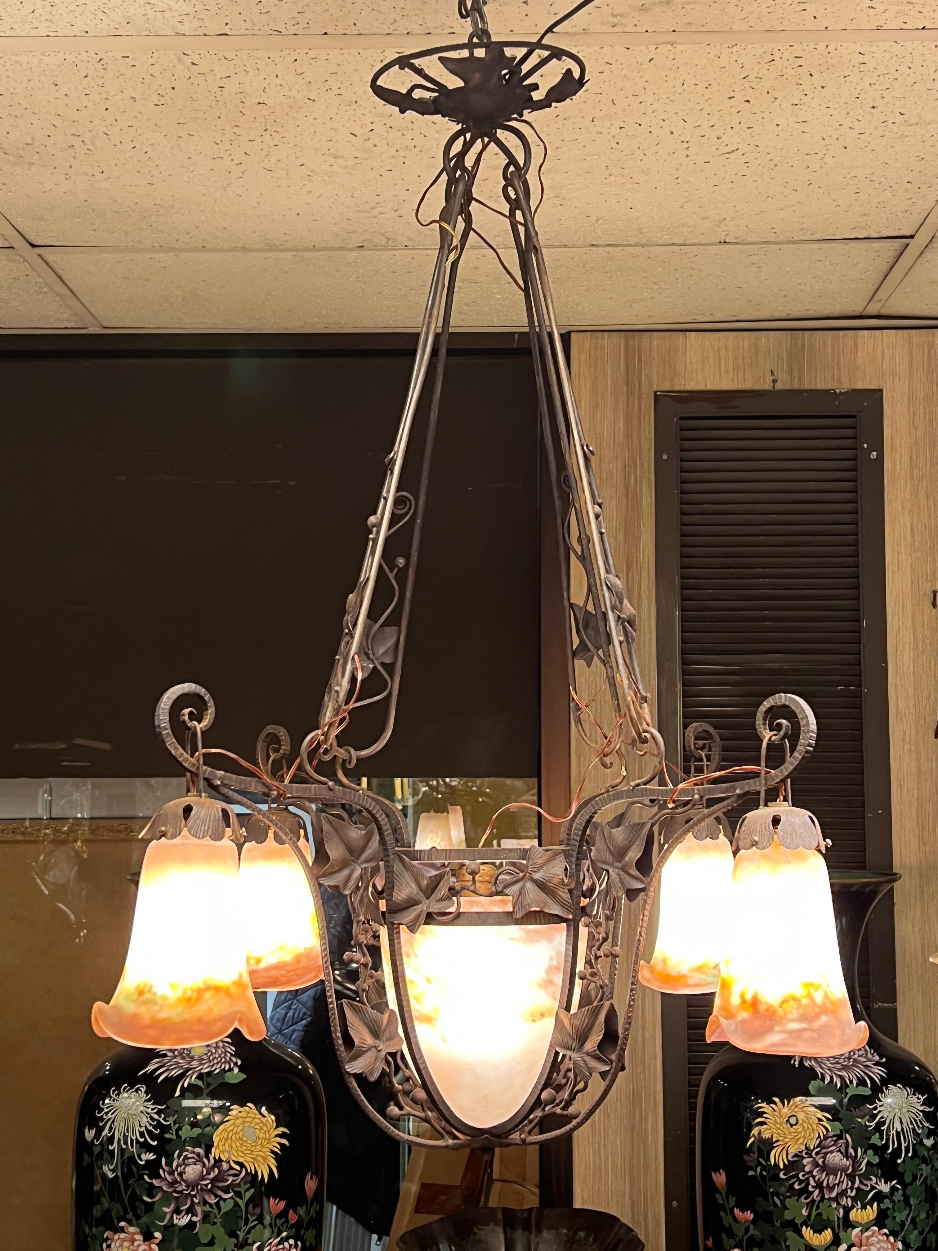 Art Deco Muller Frères Wrought Iron & Art Glass Chandelier For Sale 5