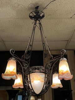 Art Deco Muller Frères Wrought Iron & Art Glass Chandelier