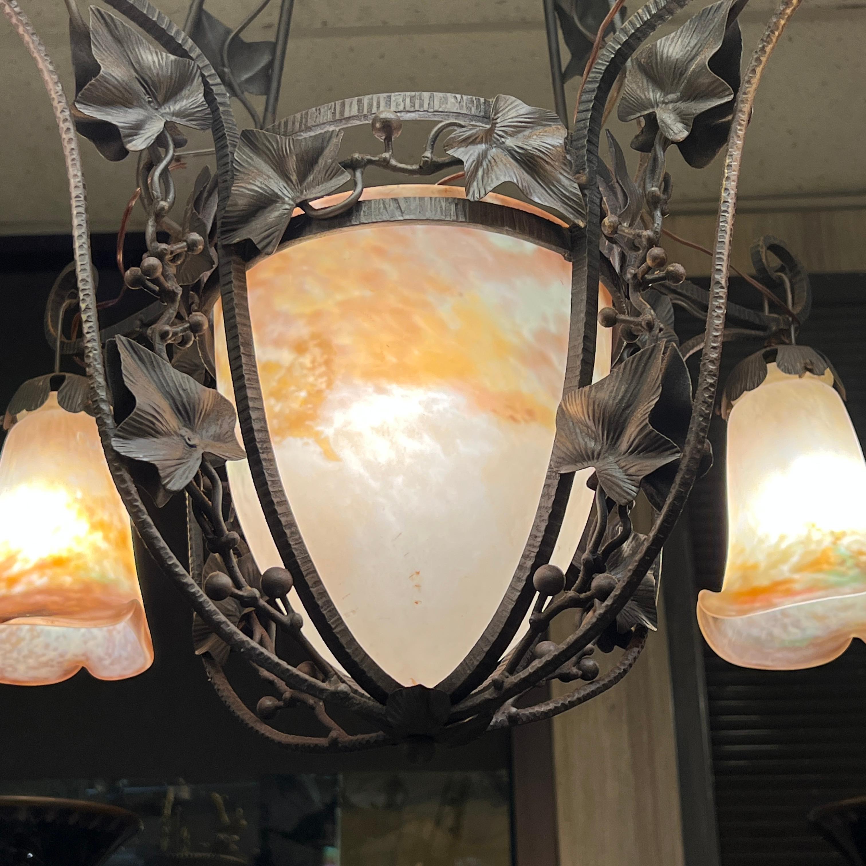 Art Deco Muller Frères Wrought Iron & Art Glass Chandelier In Good Condition For Sale In New York, NY