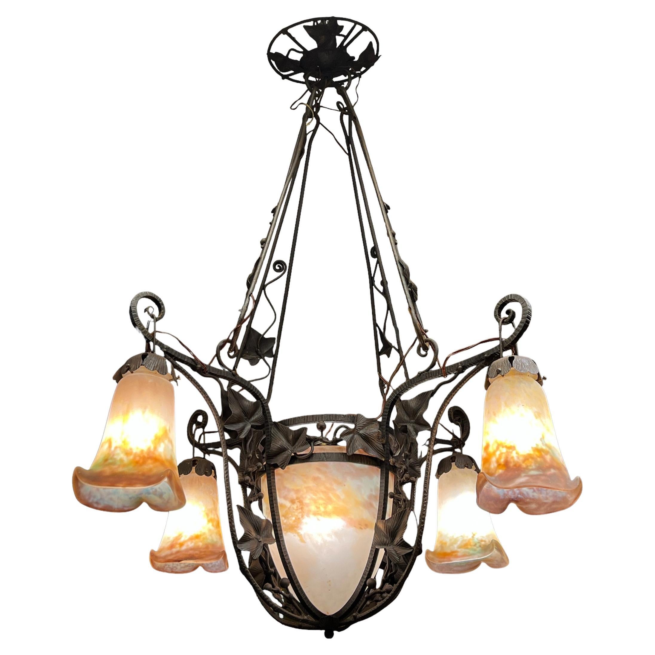 Art Deco Muller Frères Wrought Iron & Art Glass Chandelier For Sale