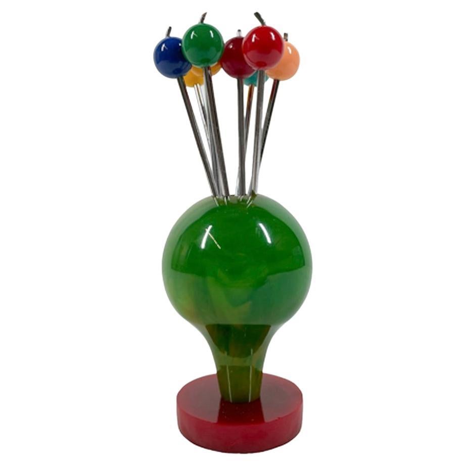Art Deco Multi-Color Cocktail Picks, Jade Green Bakelite Holder of Balloon Form For Sale