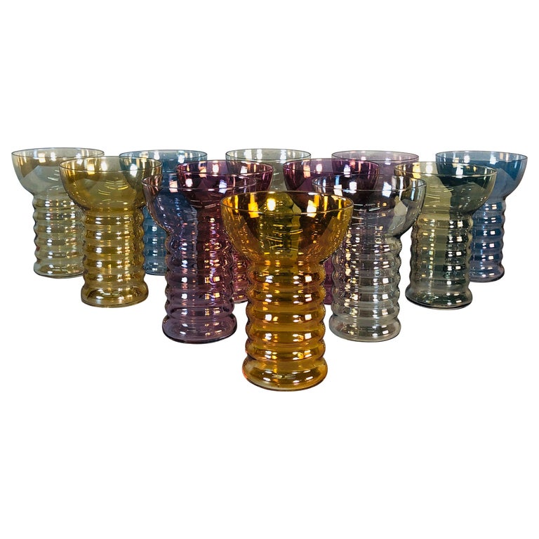 Art Deco Multicolored Iridescent Glass Tumblers, Set of 12 For Sale at