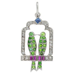 Art Deco Multi-Gem Diamond Platinum Vintage Lovebird Charm