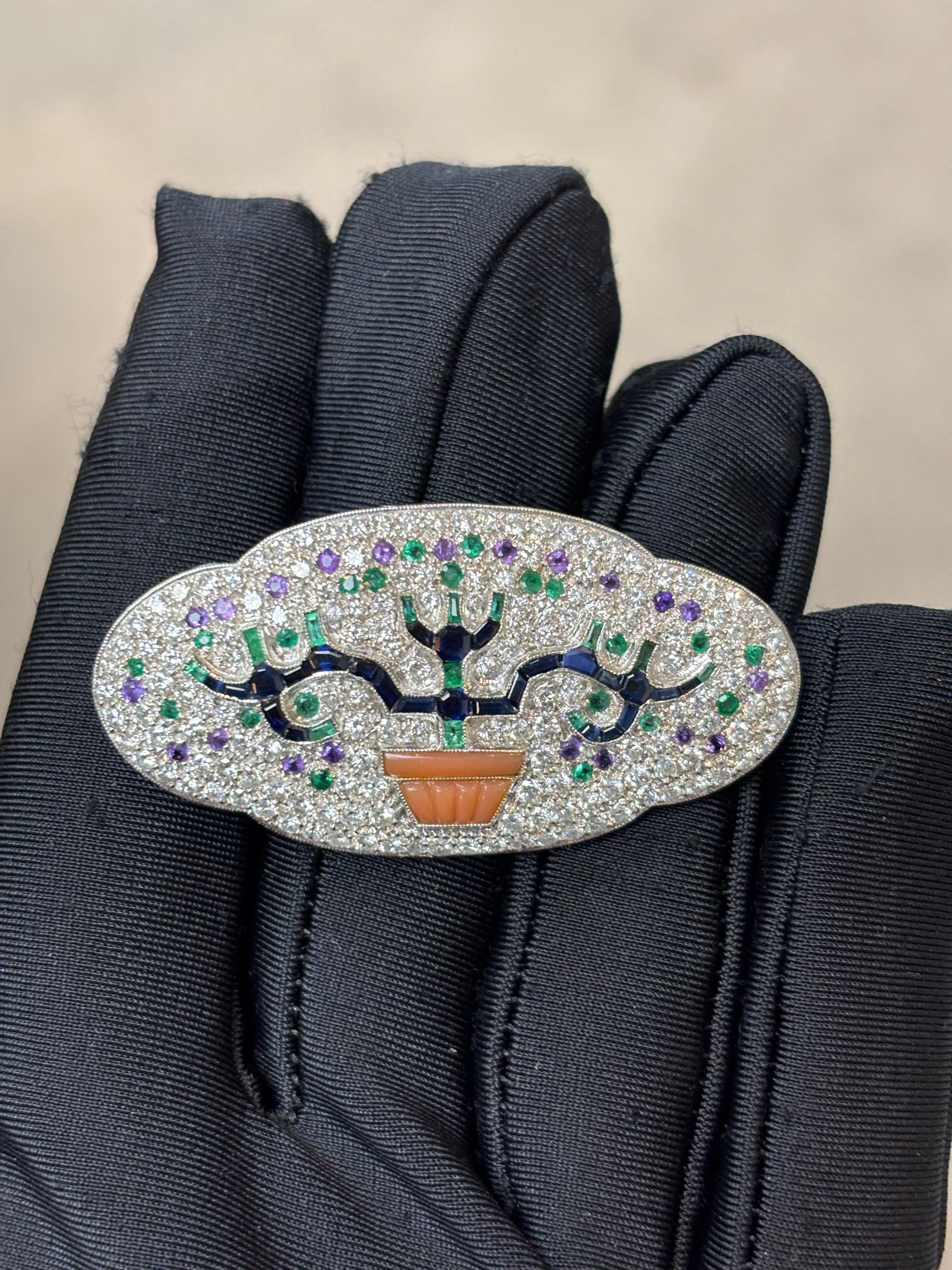 Taille mixte Broche Giardinetto Art déco à pierres précieuses multiples en vente