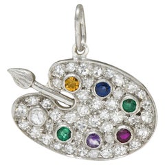 Art Deco Multi-Gem Platinum Vintage Artist Palette Acrostic Pendant Charm