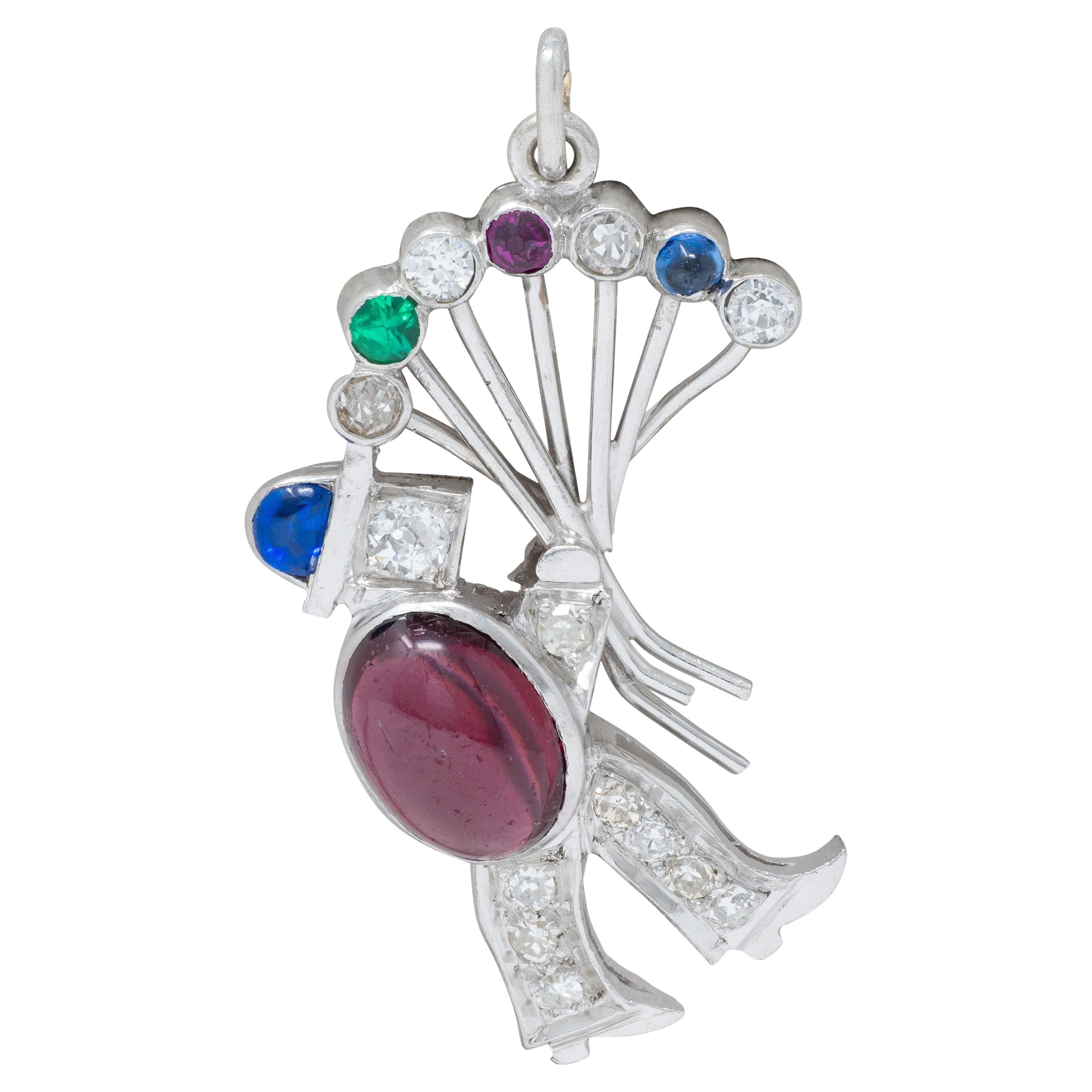Art Deco Multi-Gem Platinum Vintage Man With Balloon Charm