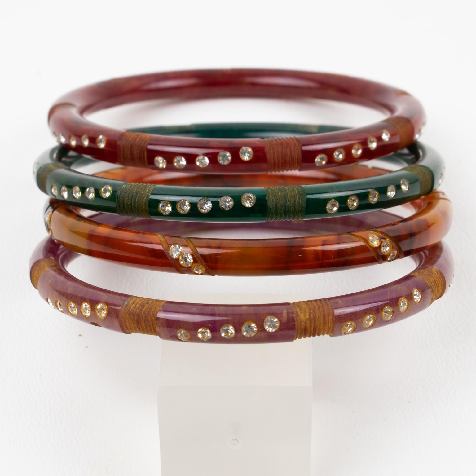 Women's or Men's Art Deco Multicolor Bakelite Jeweled Bracelet Bangle Spacer set 4 pieces