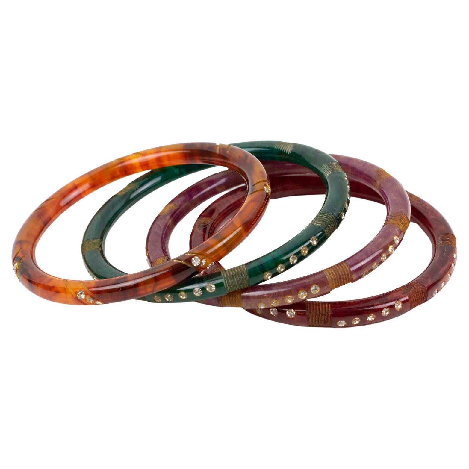 Art Deco Multicolor Bakelite Jeweled Bracelet Bangle Spacer set 4 pieces