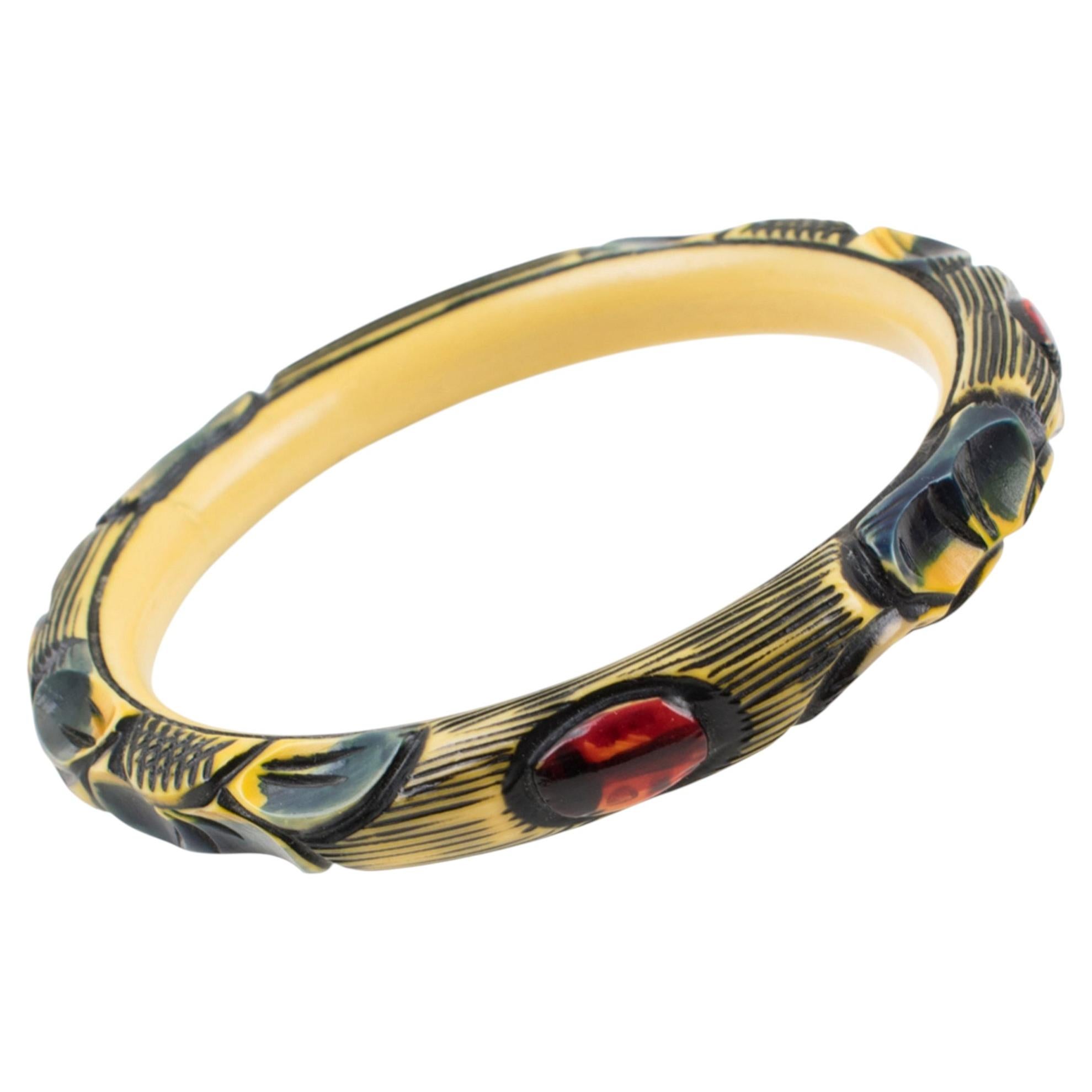 Art Deco Multicolor Bracelet Bangle Celluloid with Ladybug Carving For Sale