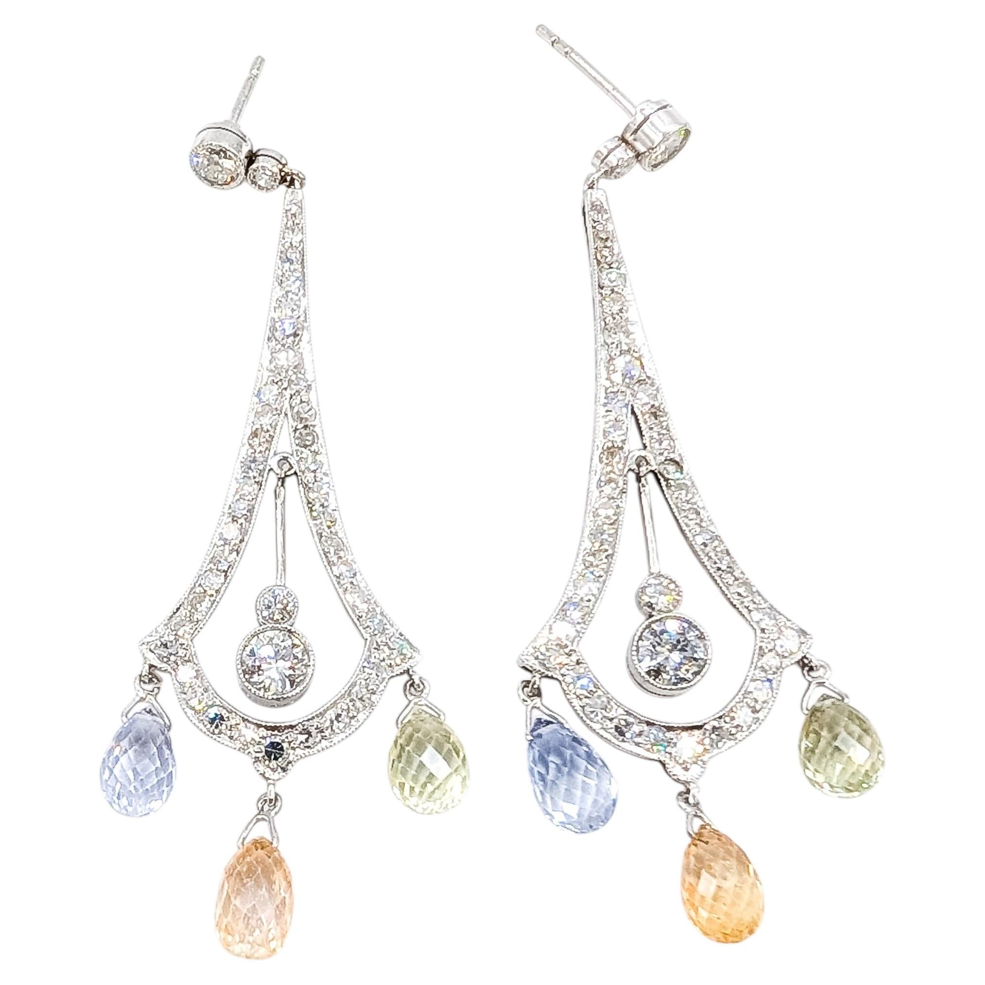 Art Deco Multicolor Sapphire and Diamond Dangle Earrings in Platinum For Sale