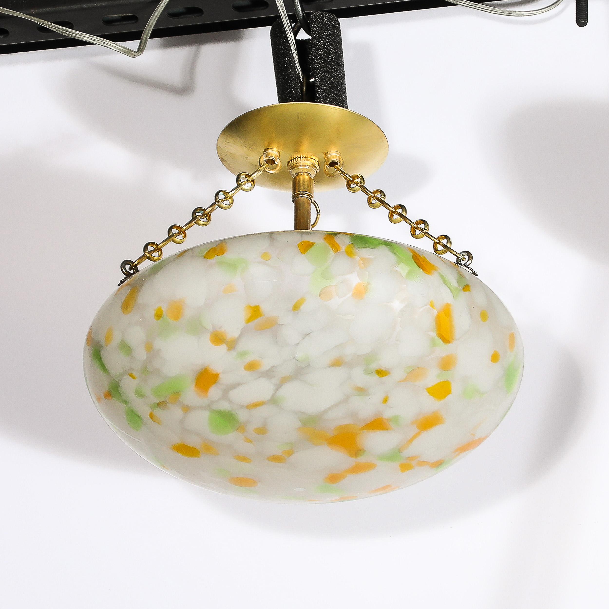 French Art Deco Multicolor White Glass Pendant Chandelier with Brass Fittings