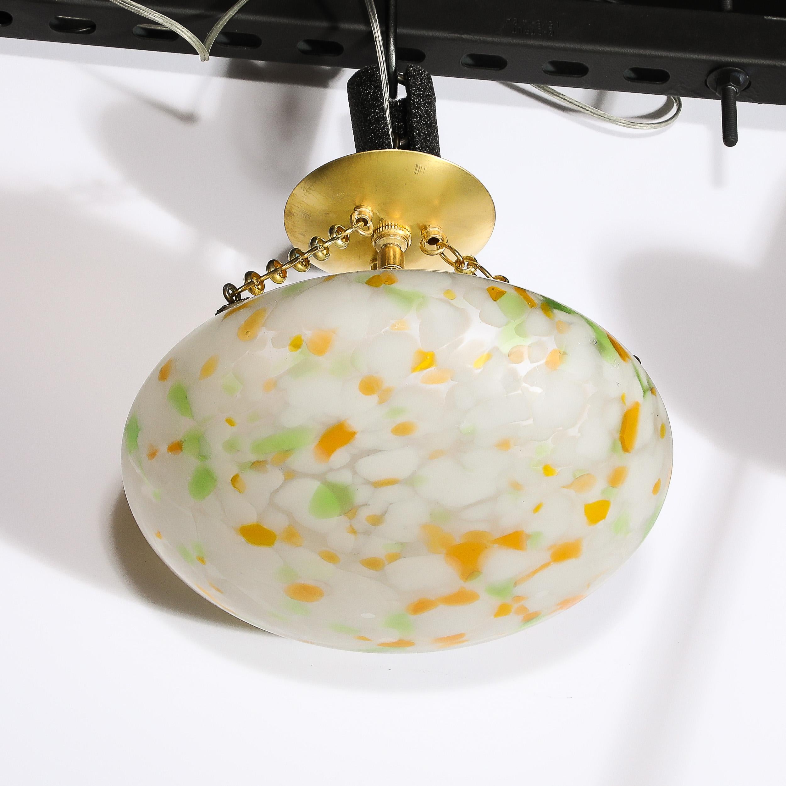 Art Deco Multicolor White Glass Pendant Chandelier with Brass Fittings In Excellent Condition In New York, NY
