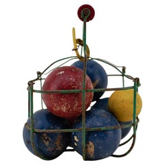 Art Deco Multicolored Wooden Boule Balls with Metal Basket, 1940s France