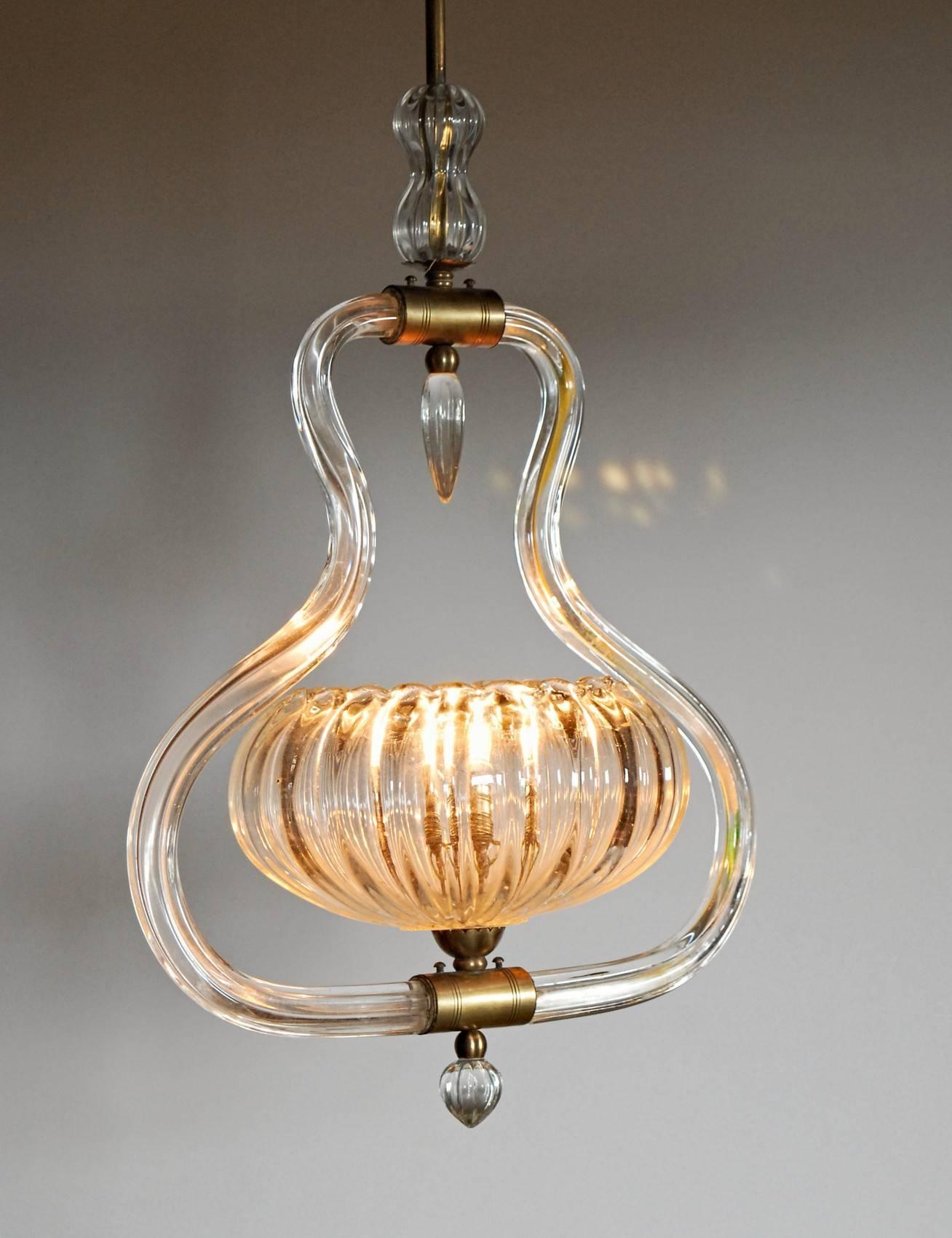 Art Deco Murano Cannister Rigadin Chandelier by Ercole Barovier, 1930s, Brass In Good Condition In Tavarnelle val di Pesa, Florence