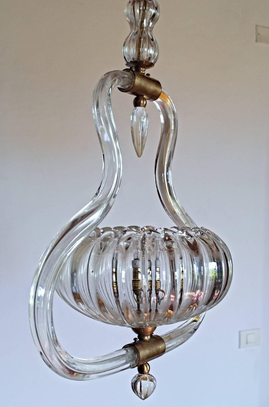 Mid-20th Century Art Deco Murano Cannister Rigadin Chandelier by Ercole Barovier, 1930s, Brass