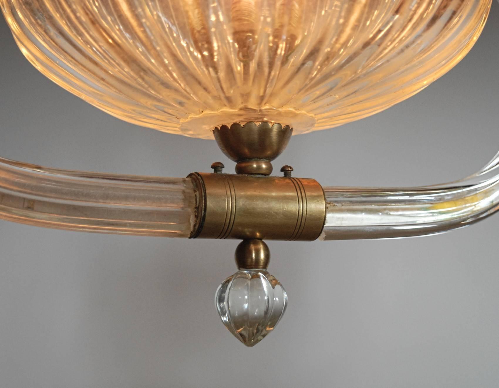 Art Deco Murano Cannister Rigadin Chandelier by Ercole Barovier, 1930s, Brass 1
