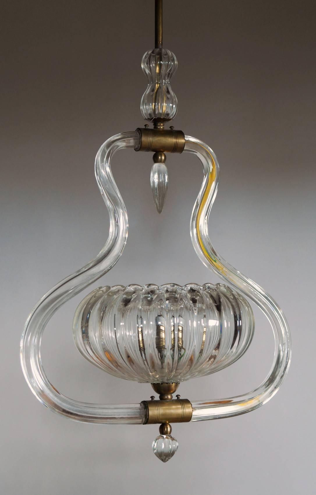 Art Deco Murano Cannister Rigadin Chandelier by Ercole Barovier, 1930s, Brass 2