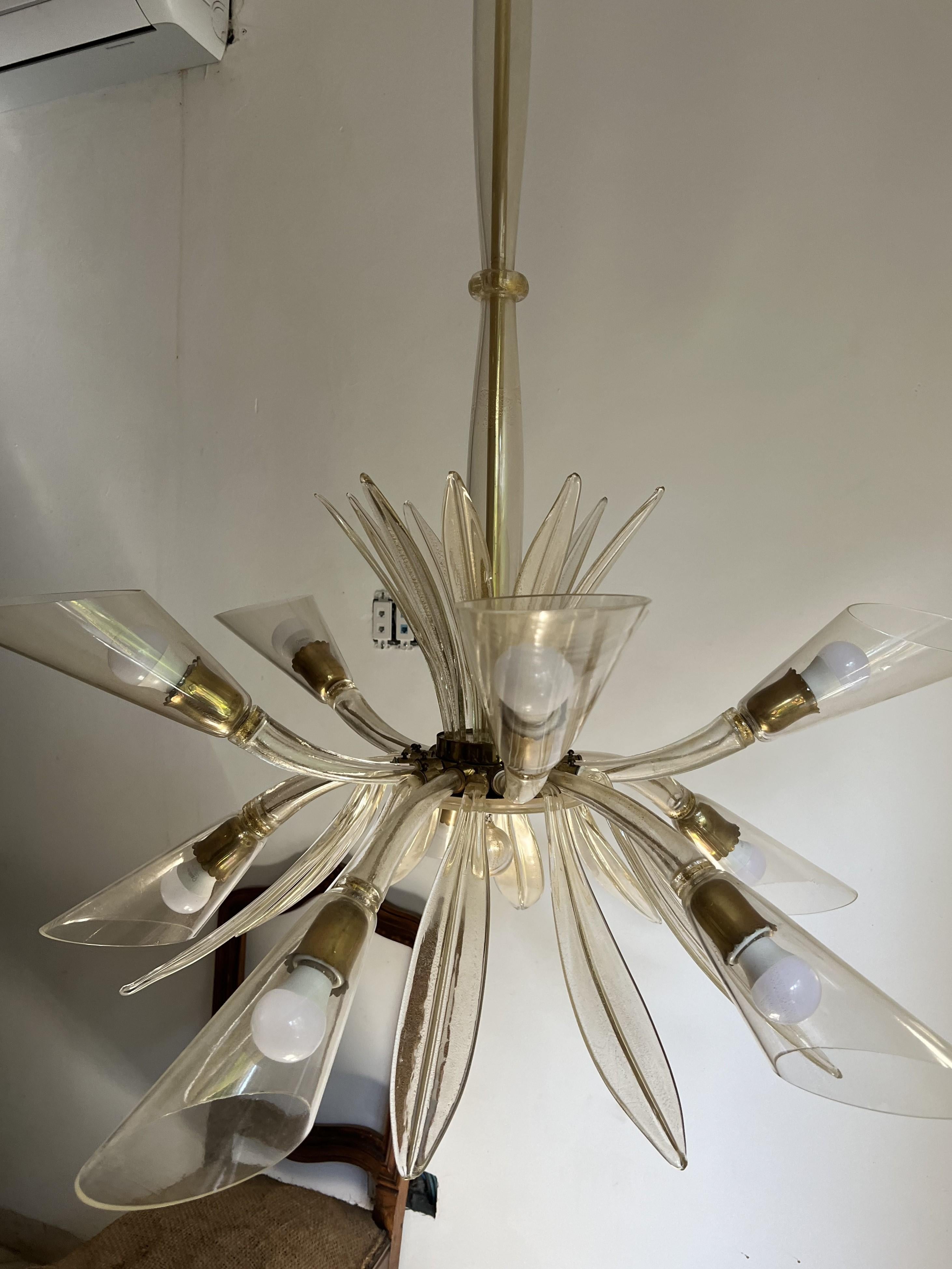 Pair of Art Deco Murano Glass 10 Light Chandeliers attr to Barovier Toso ca 1935 For Sale 7