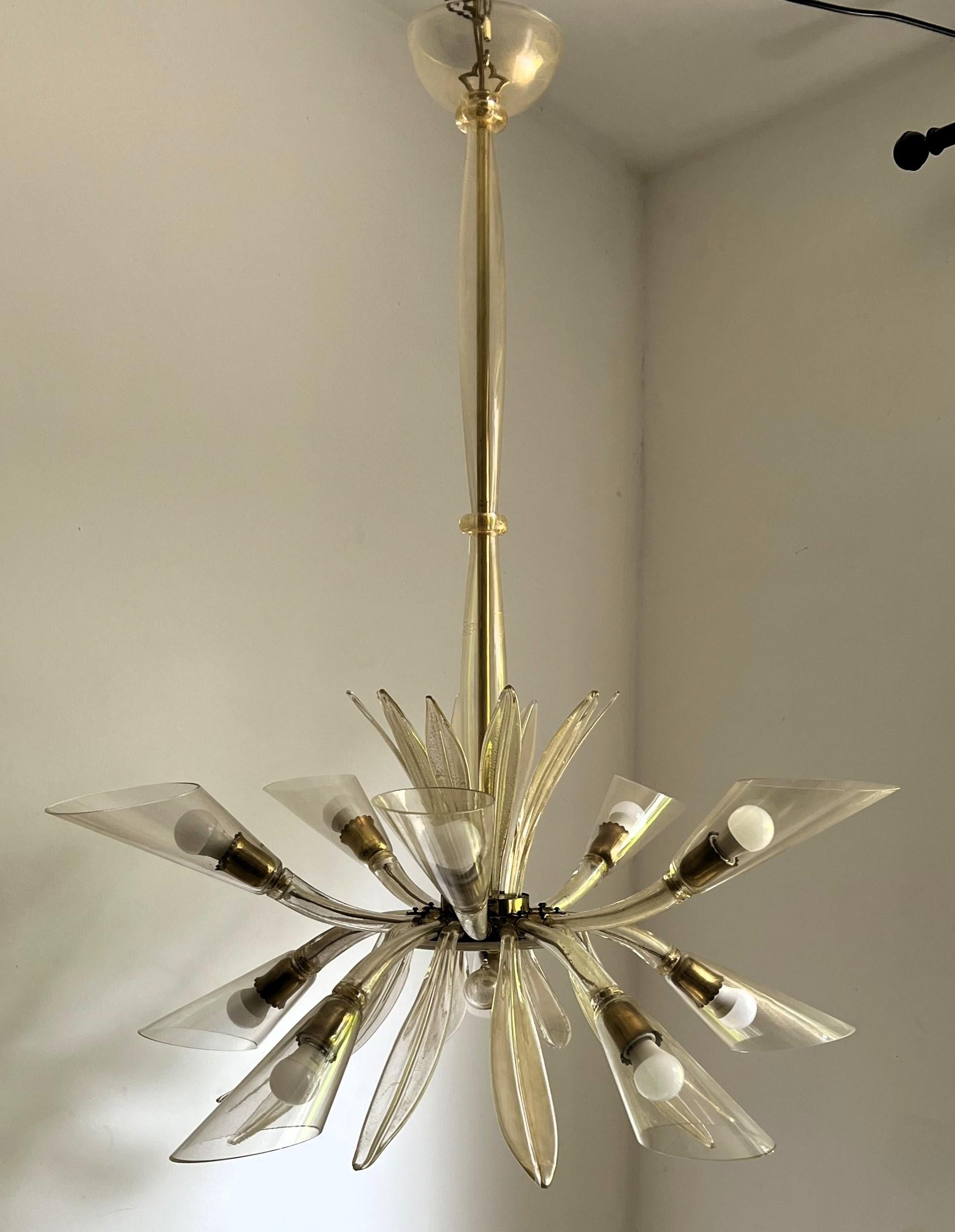 Pair of Art Deco Murano Glass 10 Light Chandeliers attr to Barovier Toso ca 1935 For Sale 2