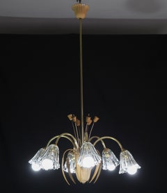 Art Decò Kronleuchter aus Muranoglas und Messing, 6 Leuchten, 1950