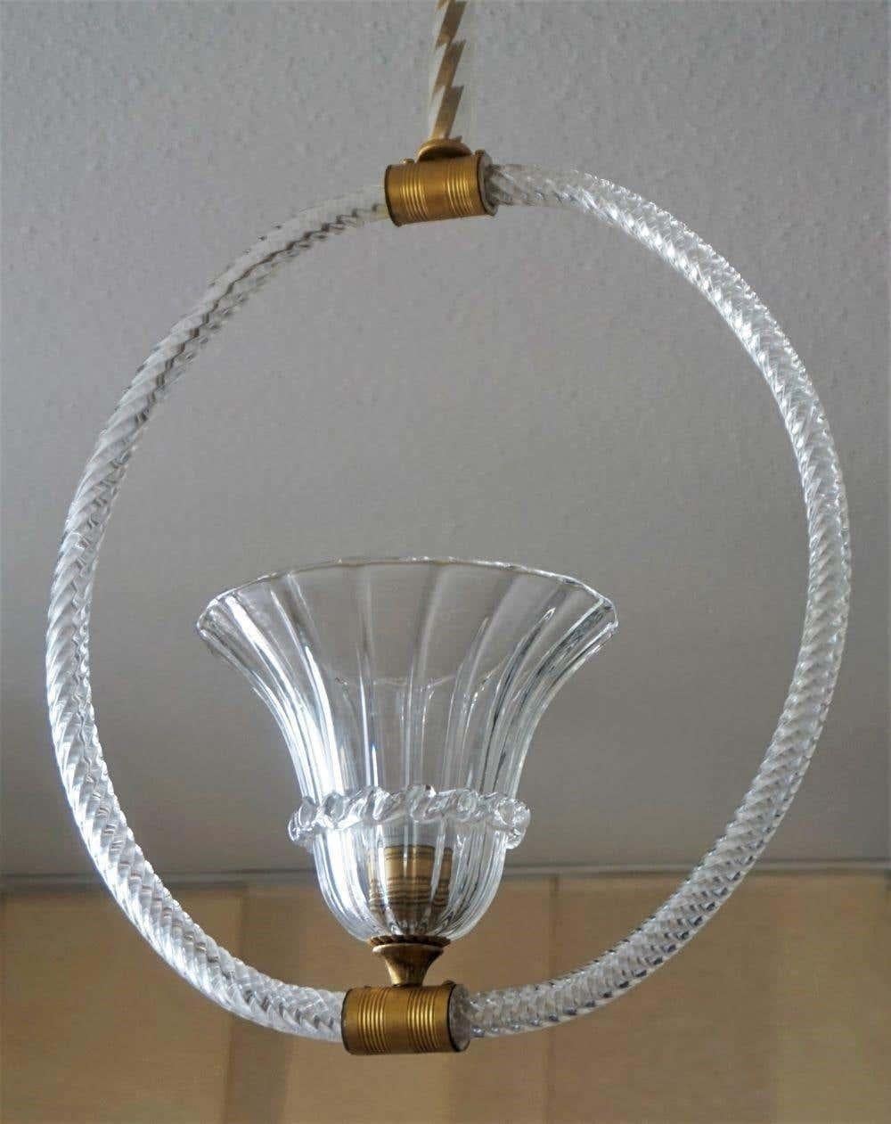 Brass Art Deco Murano Glass Chandelier by Ercole Barovier, Italy, 1930s For Sale