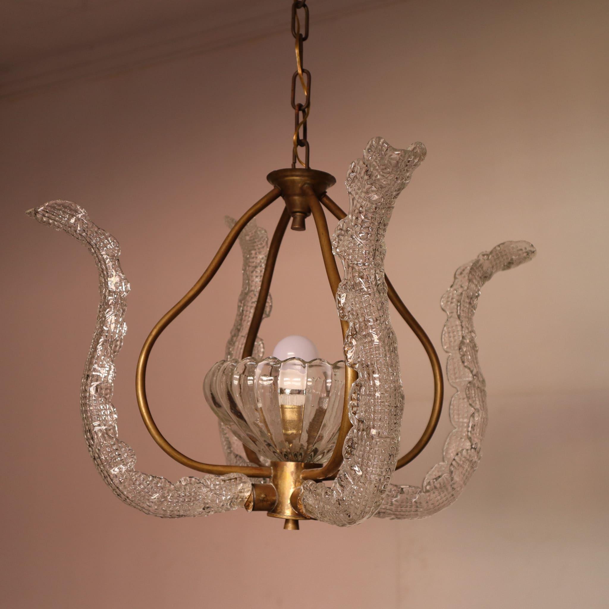 Lustre Art déco en laiton et verre de Murano par Ercole Barovier, Italie, années 1940 Bon état - En vente à Nicolosi, IT