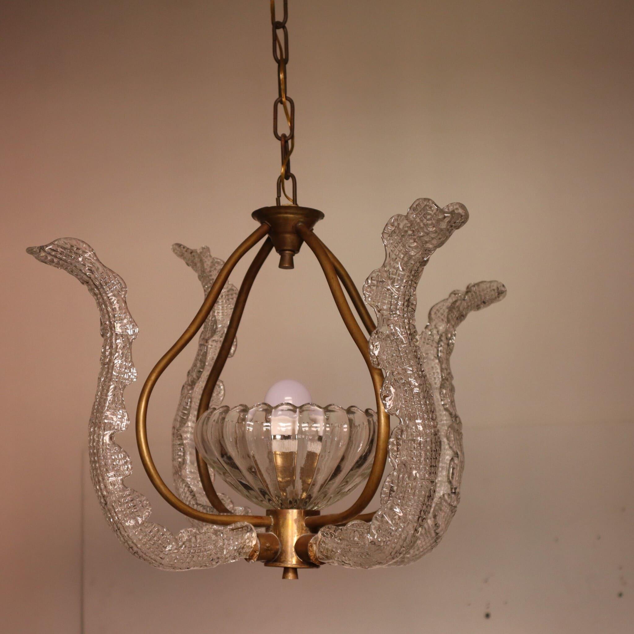 italien Lustre Art déco en laiton et verre de Murano par Ercole Barovier, Italie, années 1940 en vente