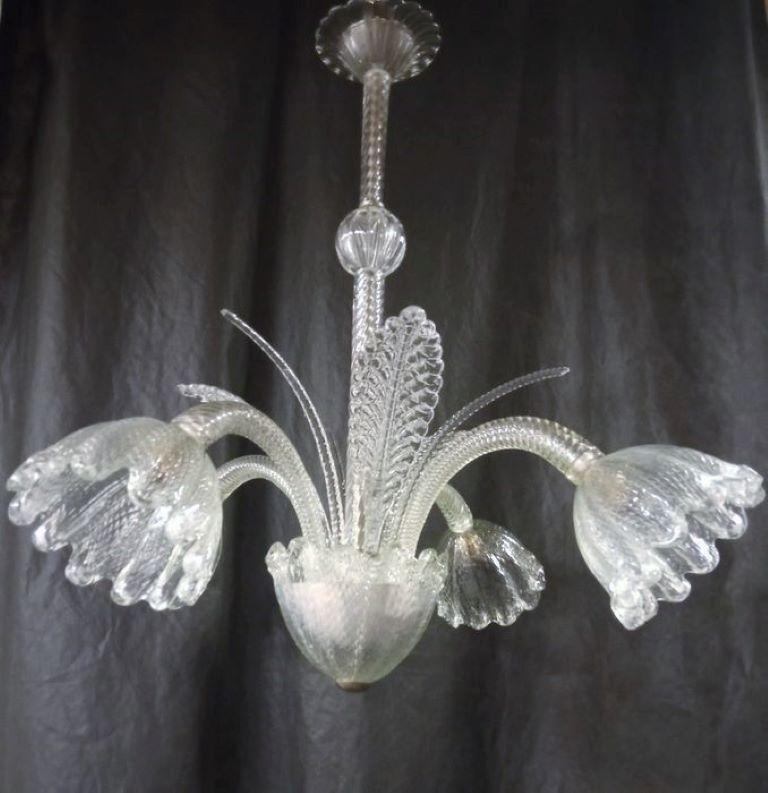 Art Deco Ercole Barovier Murano Glass Lief Four-Light Chandelier, Italy 1940s For Sale