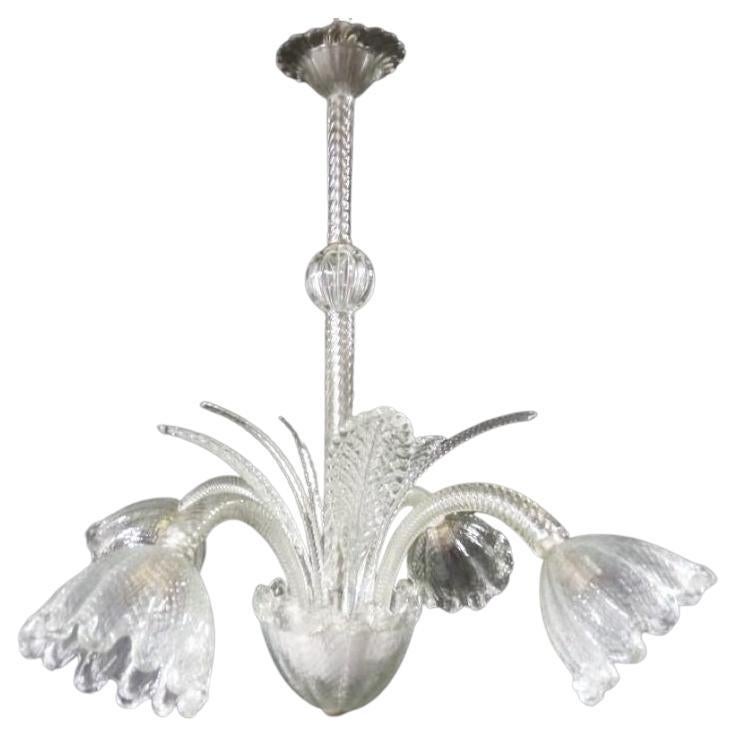 Art Deco Murano Glass Four-Light Lief Chandelier by Ercole Barovier, Italy 1940s