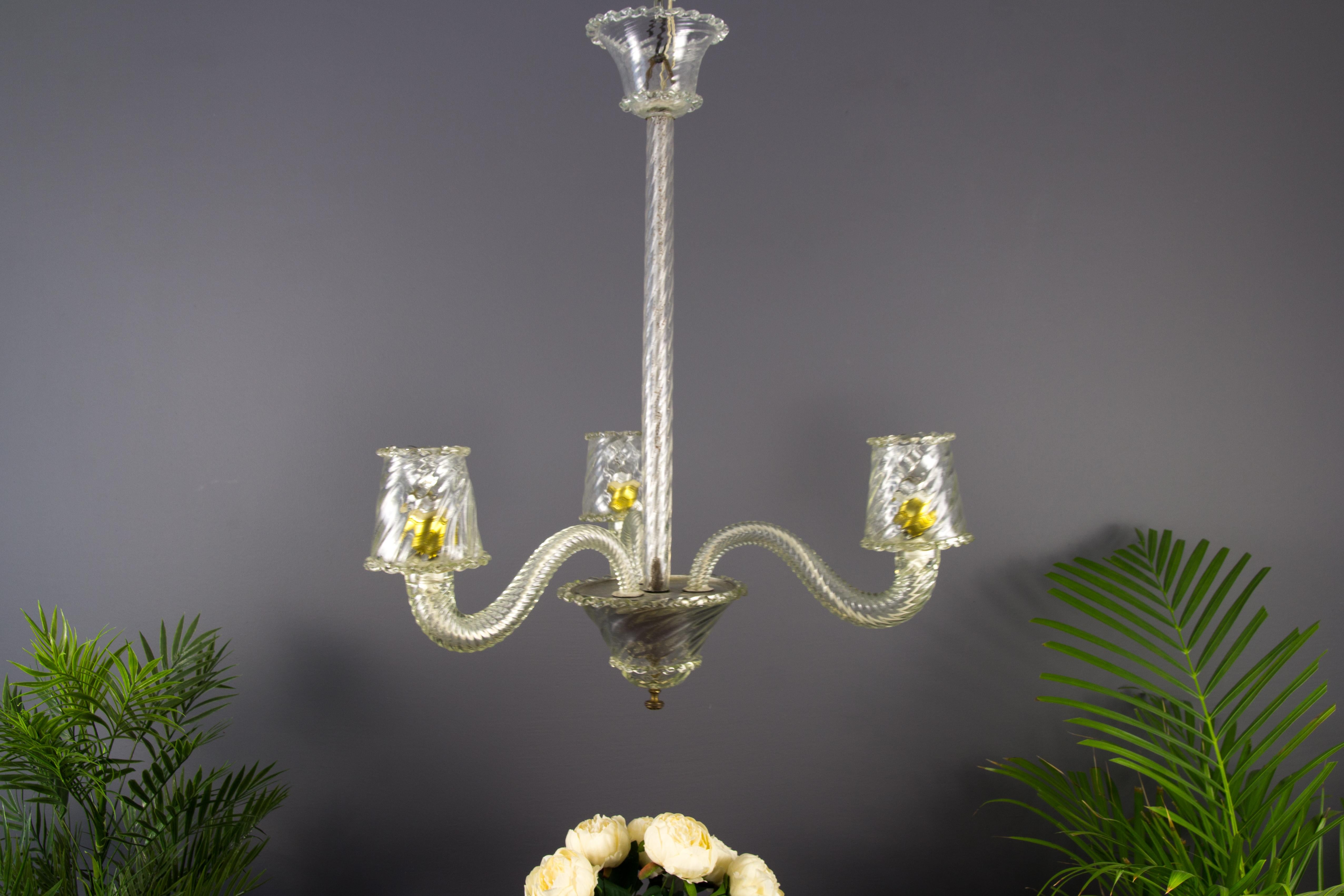 Italian Art Deco Murano Glass Three-Light Chandelier, 1930s 14