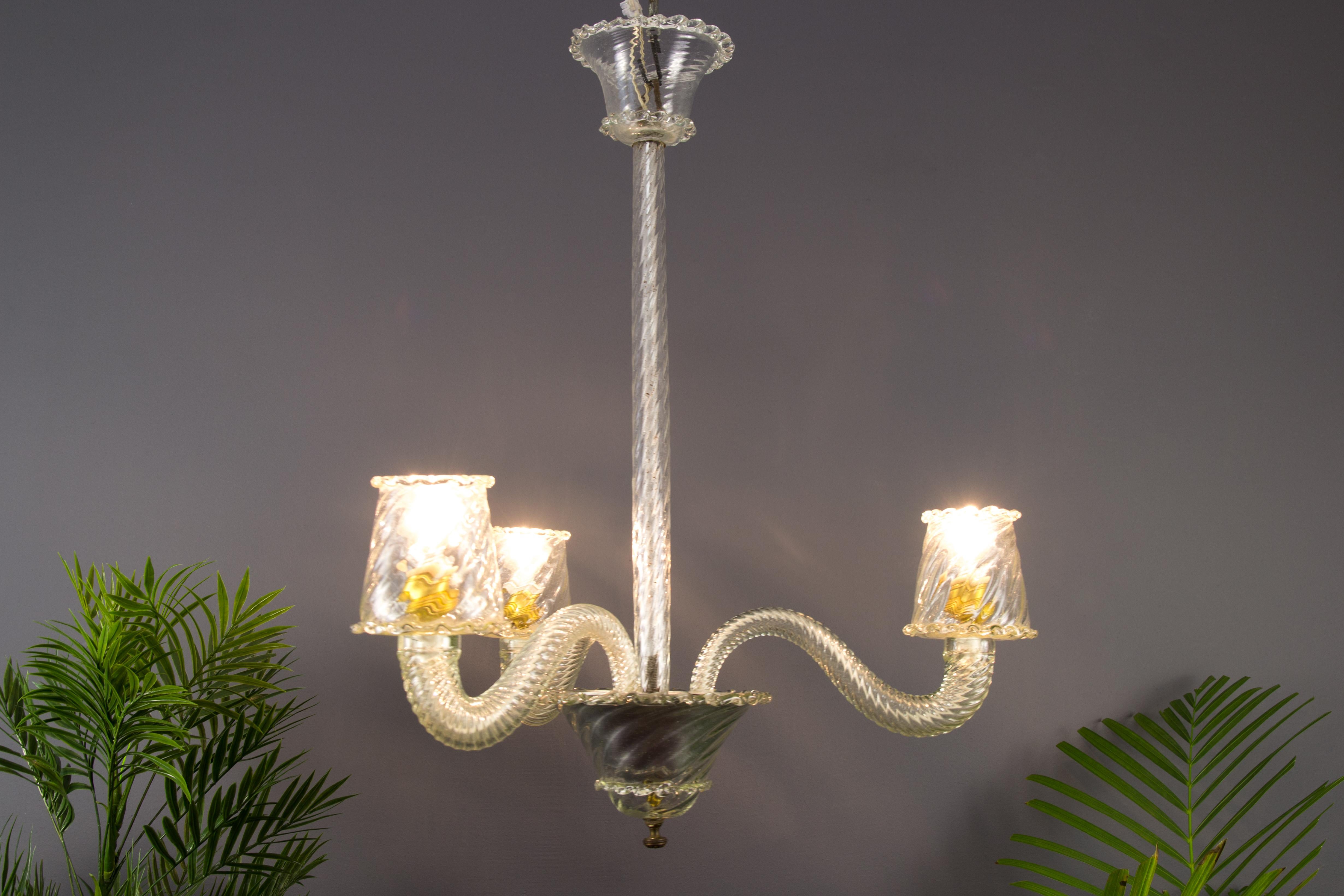 Italian Art Deco Murano Glass Three-Light Chandelier, 1930s 15