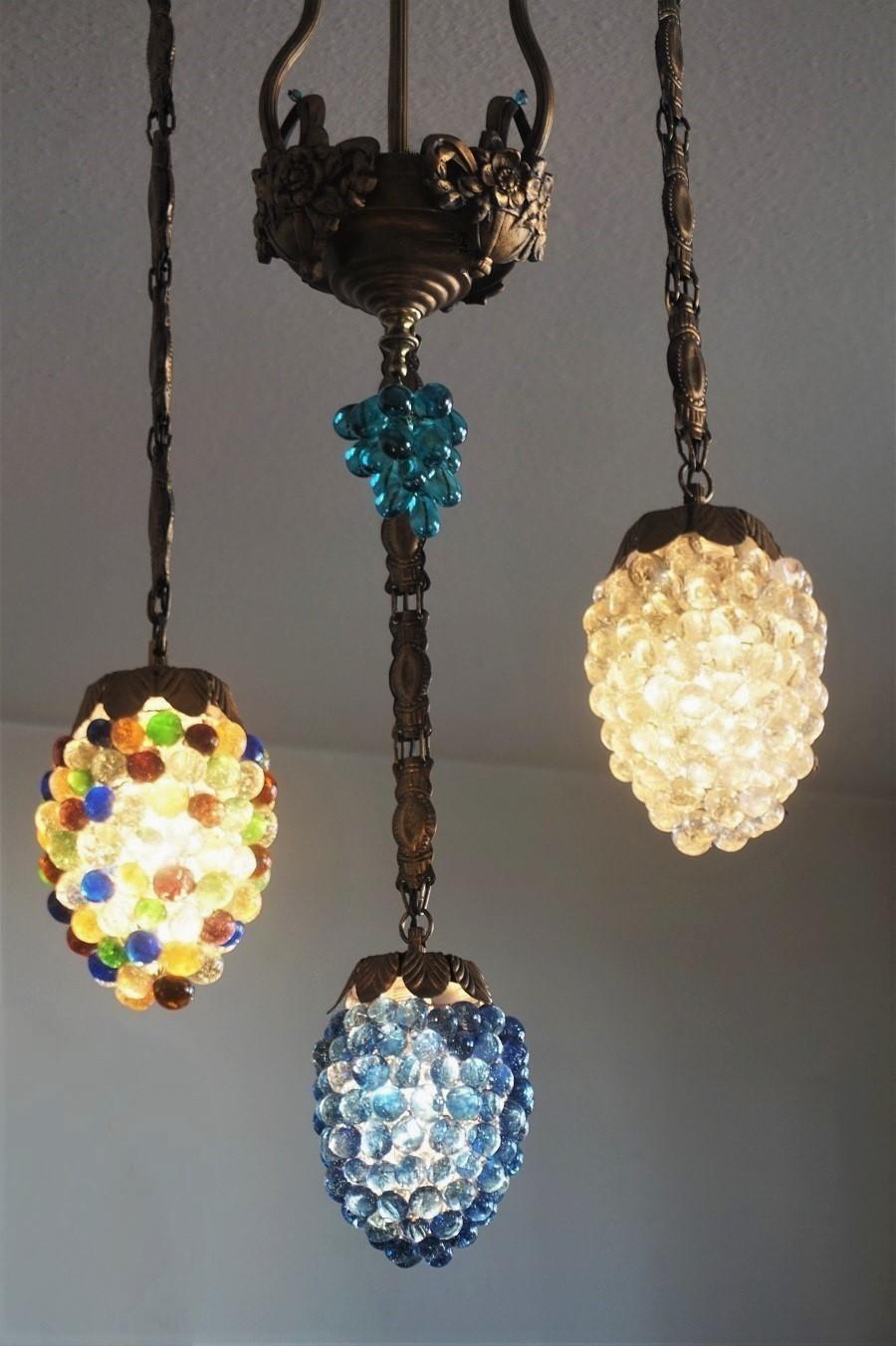 Art Deco Murano Glass Three-Light Grape Chandelier, Italy, Mid-20th Century In Good Condition For Sale In Frankfurt am Main, DE