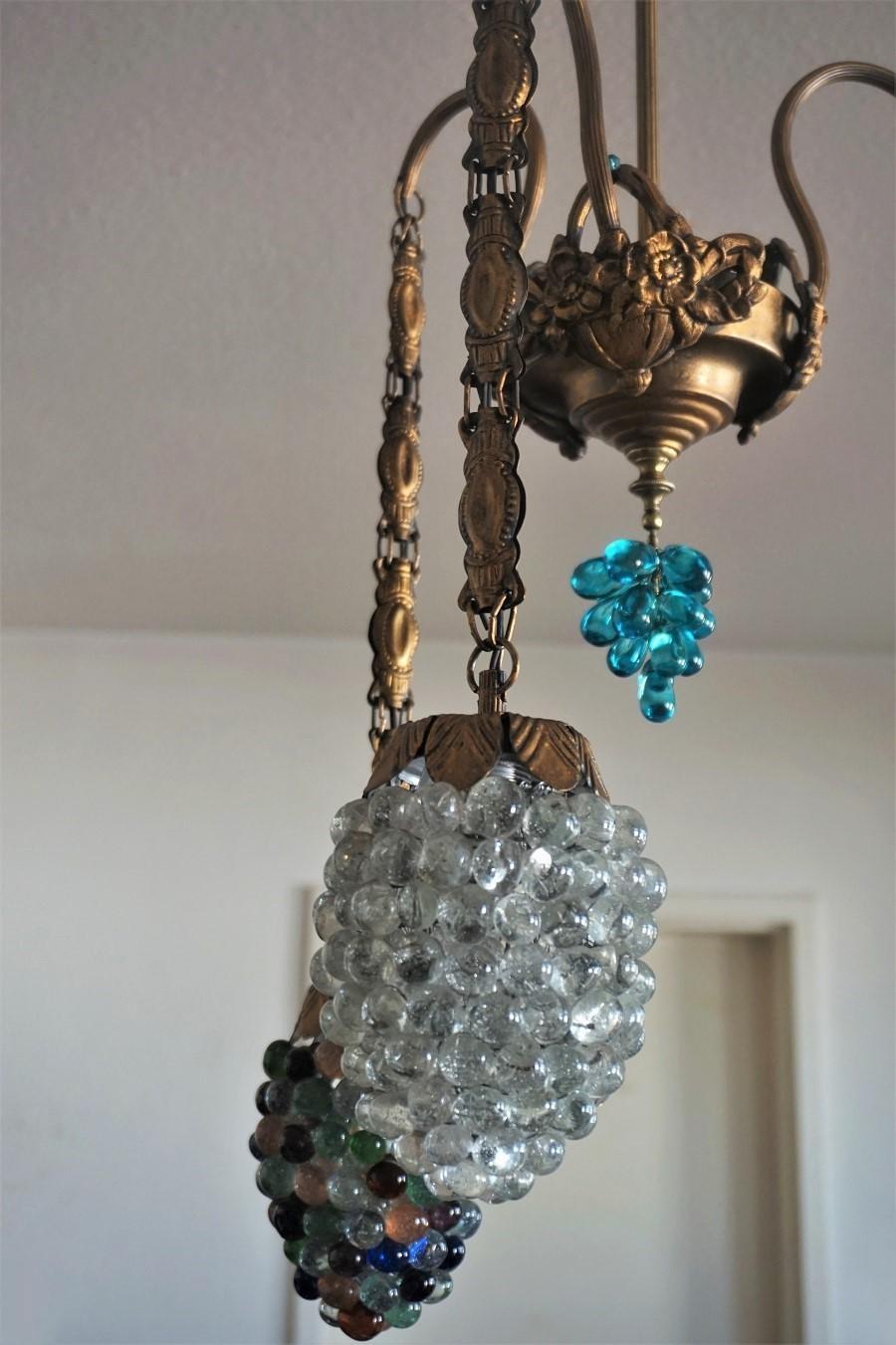 Art Deco Murano Glass Three-Light Grape Chandelier, Italy, Mid-20th Century For Sale 1