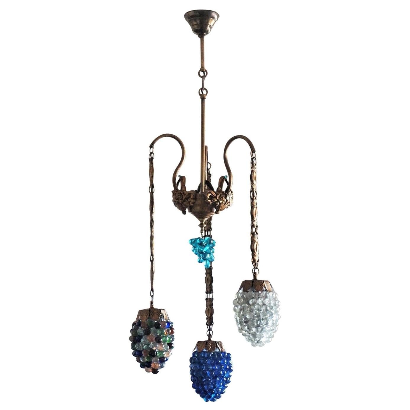 Art Deco Murano Glass Three-Light Grape Chandelier, Italy, Mid-20th Century