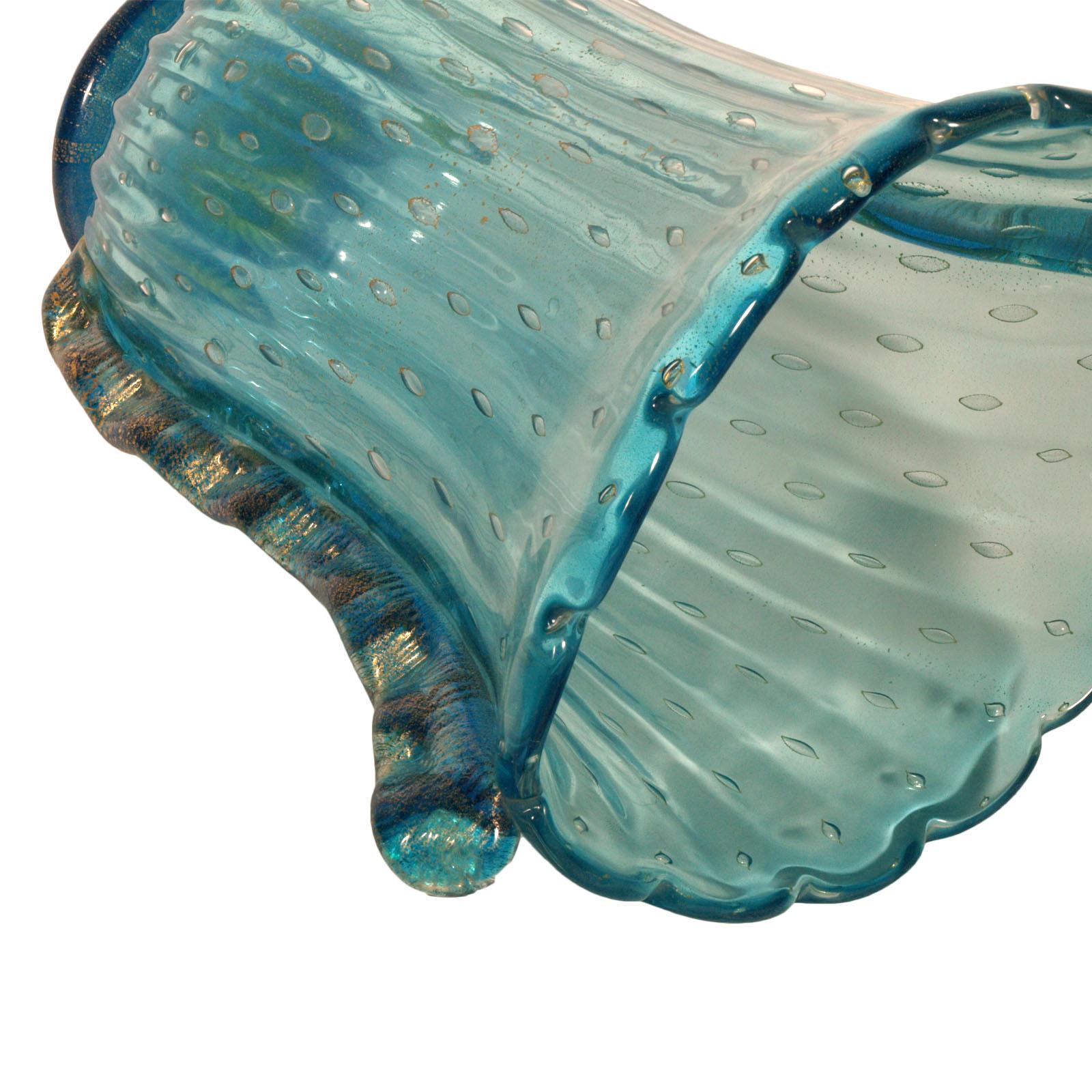Italian Art Deco Murano Glass Vase Signed Toso, Color Blue Transparent, Gold Leaf Dipped For Sale