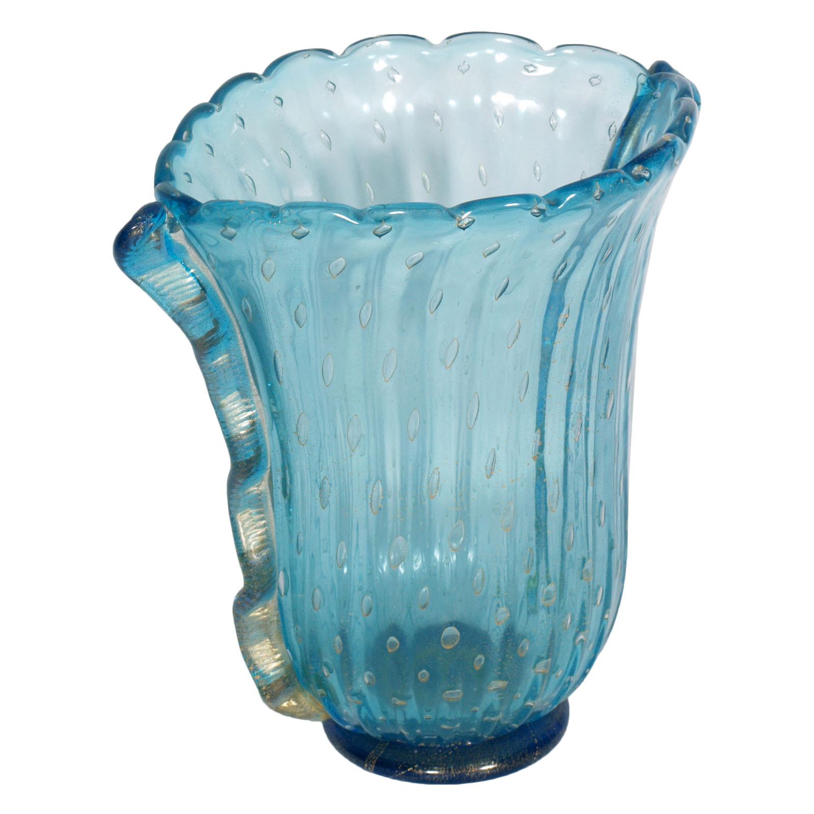 Art Deco Murano Glass Vase Signed Toso, Color Blue Transparent, Gold Leaf Dipped For Sale