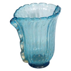 Vintage Art Deco Murano Glass Vase Signed Toso, Color Blue Transparent, Gold Leaf Dipped