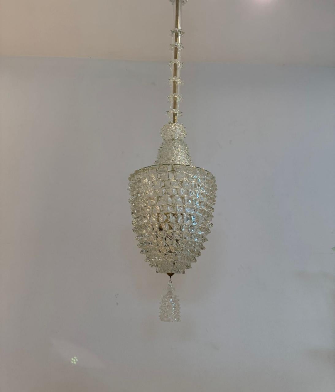 Beautiful large and rare lantern from the Art Deco period attributed to the Barovier e Toso factory from Murano Italy. 
This lantern executed in clear Murano glass in the Rostrato technique, for which the Barovier e Toso factory is well known, is