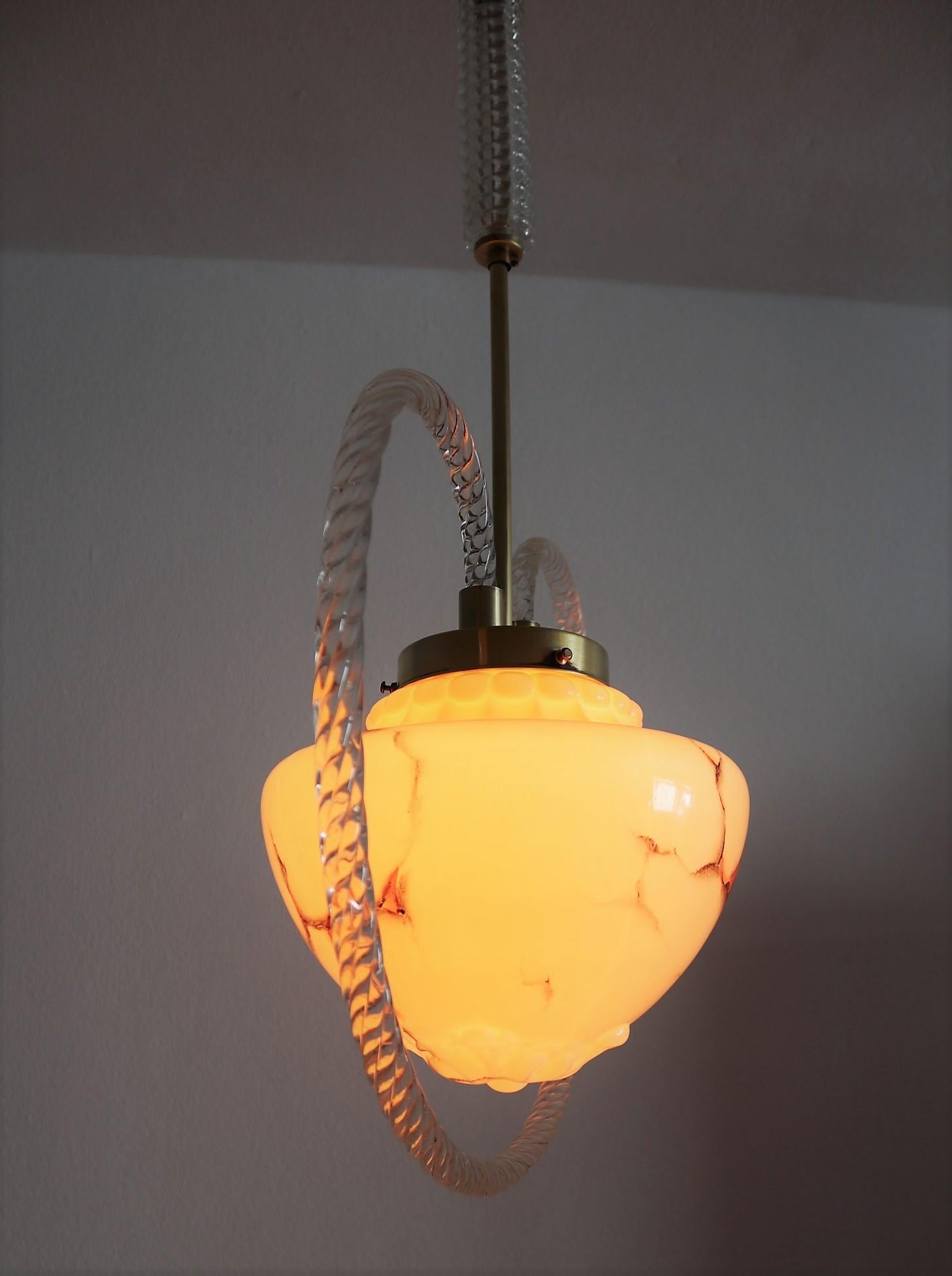 Art Deco Murano Glass and Brass Pendant Lamp or Lantern, 1930s 6