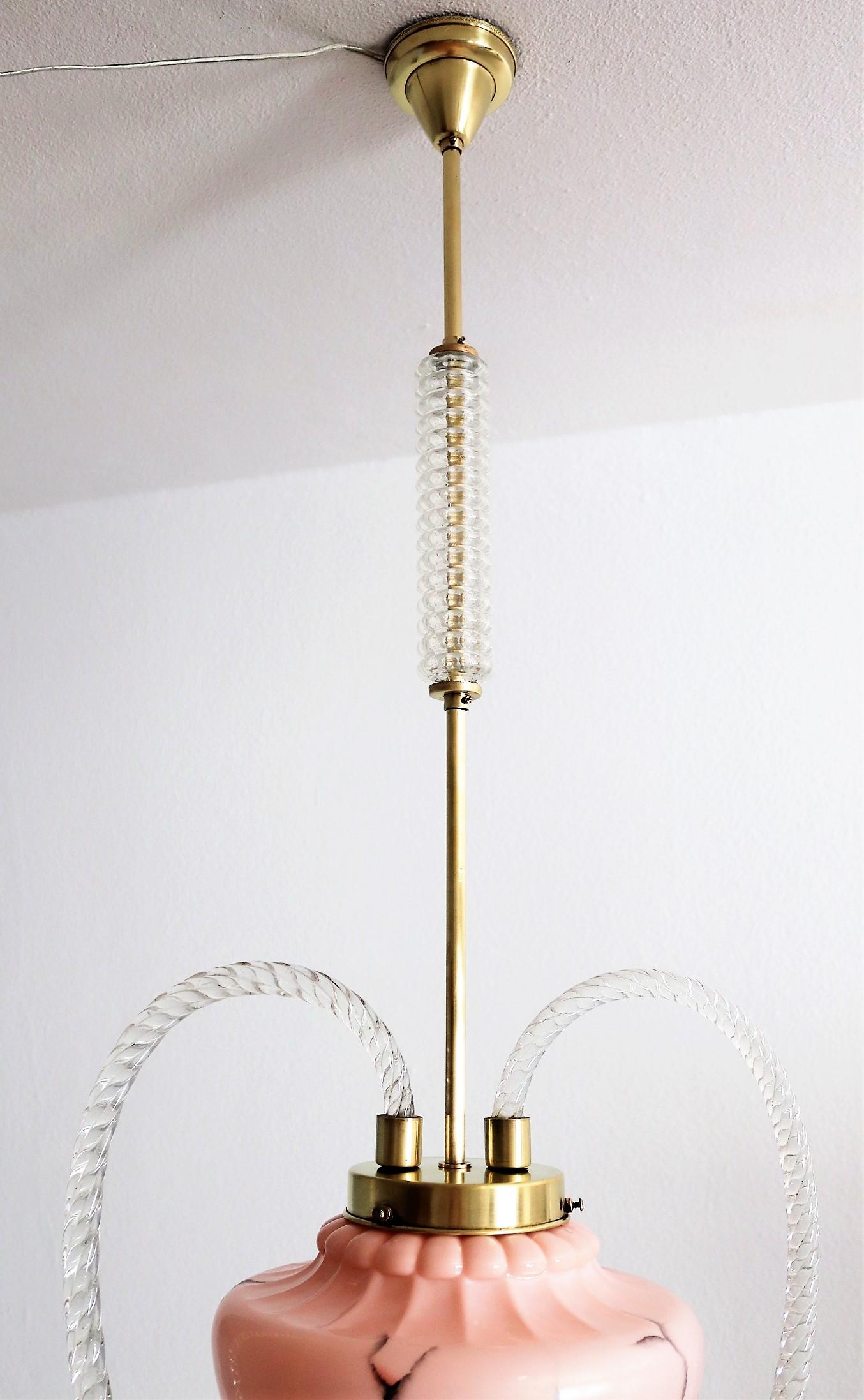Art Deco Murano Glass and Brass Pendant Lamp or Lantern, 1930s In Good Condition In Morazzone, Varese