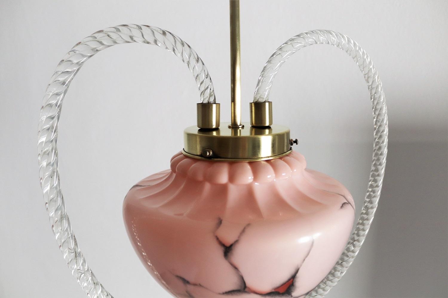 Art Deco Murano Glass and Brass Pendant Lamp or Lantern, 1930s 1