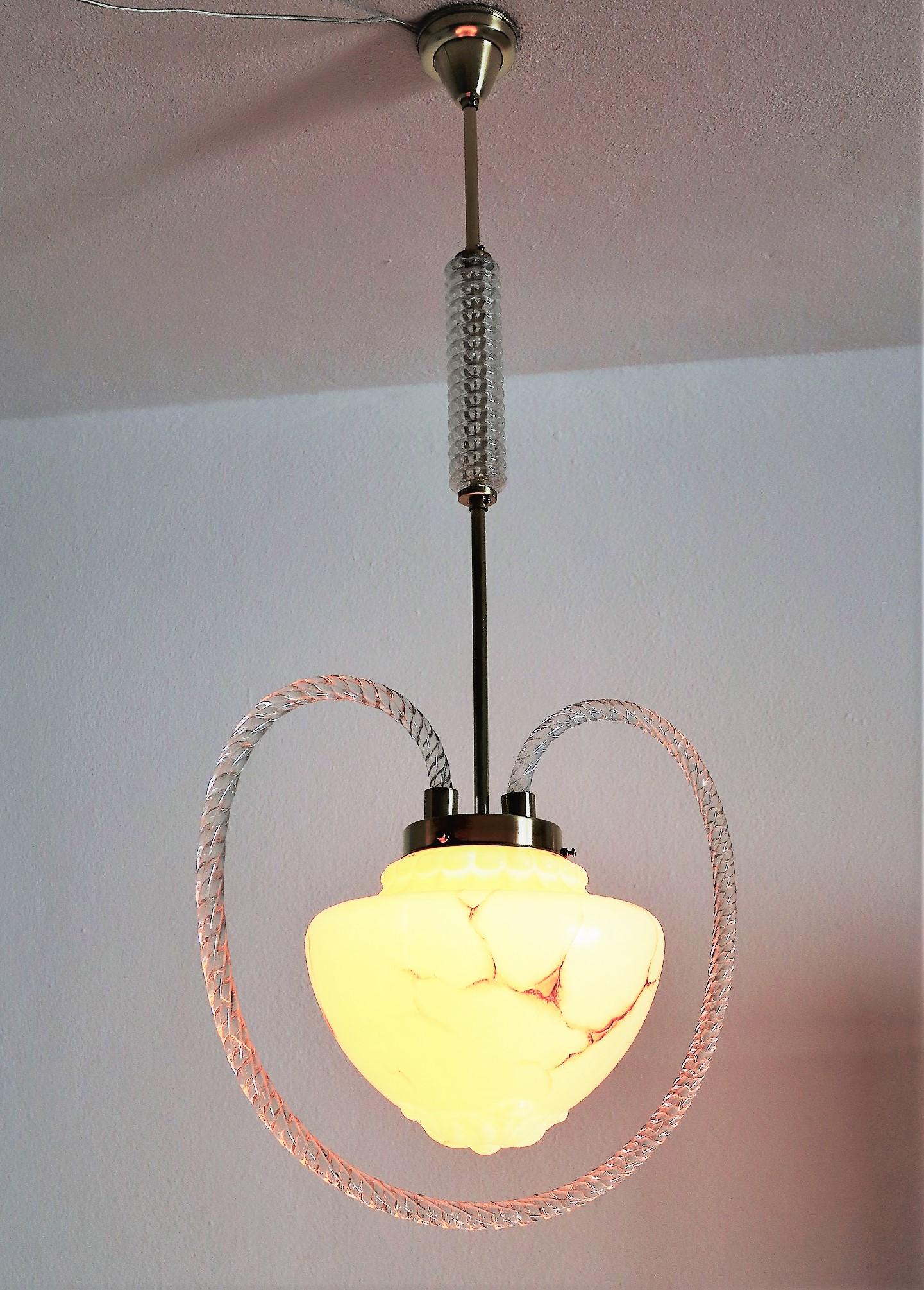 Art Deco Murano Glass and Brass Pendant Lamp or Lantern, 1930s 4