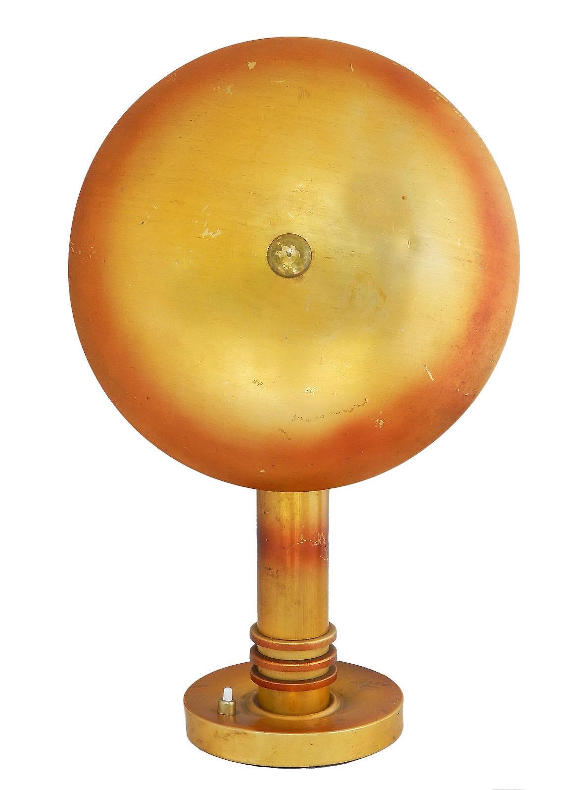 Art Deco vintage French aluminum table lamp
Unusual rare find
The adjustable flying saucer shade above a cylindrical column on a circular base
The colored finish is distressed through use and age
Use as is or restore to suit
Easily rewired for